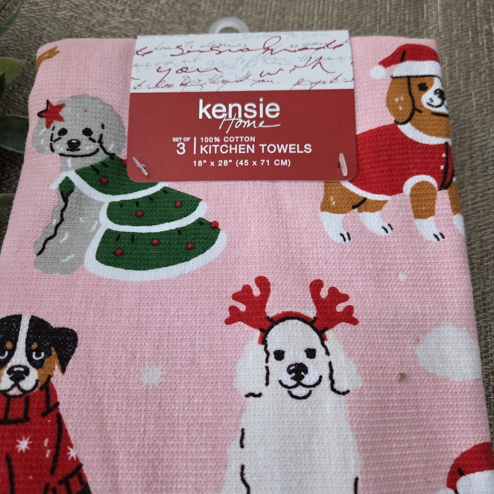 Kensie Holiday Dog Print Kitchen Towels - Pink and Red - Picture 3 of 4